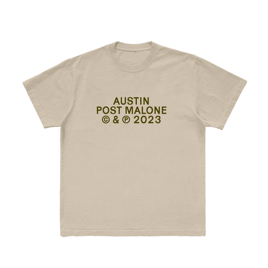 Front view of beige Post Malone PM Photo Graphic T-Shirt featuring Austin era typography in minimalist streetwear style