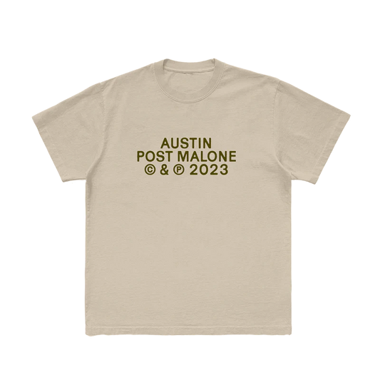 Front view of beige Post Malone PM Photo Graphic T-Shirt featuring Austin era typography in minimalist streetwear style