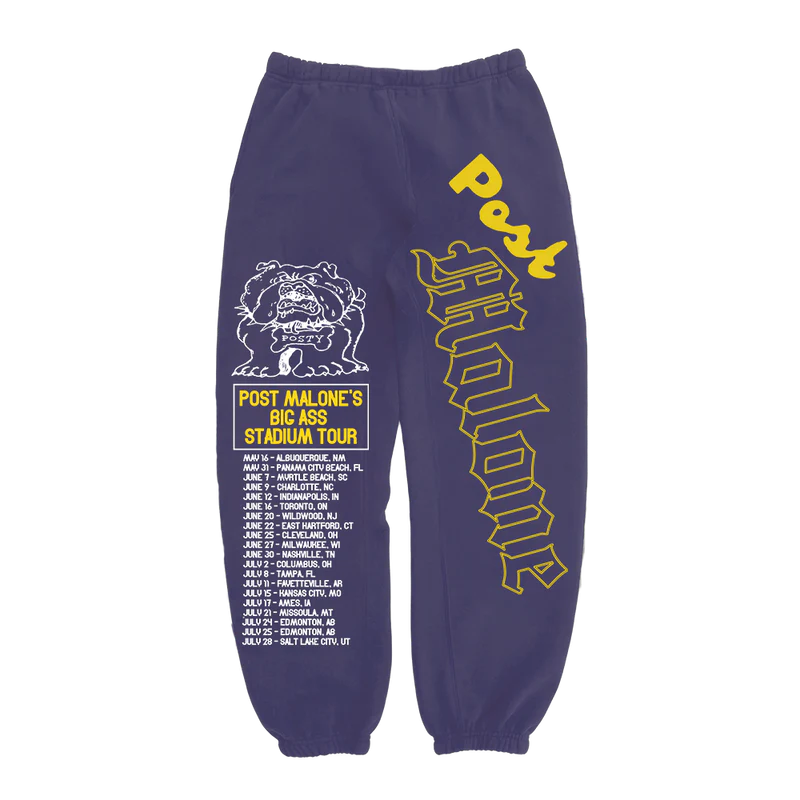 Purple Post Malone streetwear sweatpants with bulldog artwork and Big Ass Stadium Tour graphics down both legs
