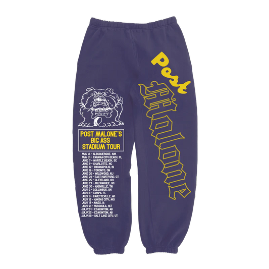 Purple Post Malone streetwear sweatpants with bulldog artwork and Big Ass Stadium Tour graphics down both legs