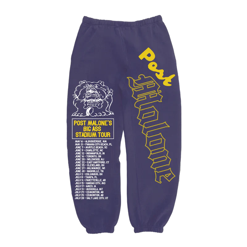 Purple Post Malone streetwear sweatpants with bulldog artwork and Big Ass Stadium Tour graphics down both legs