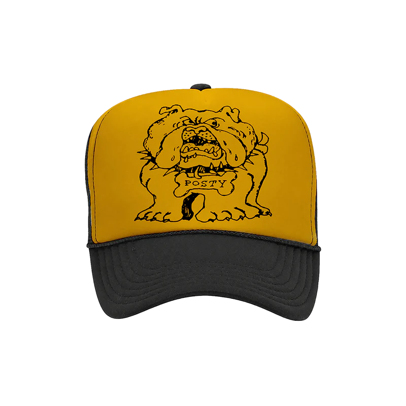 Yellow and black Post Malone trucker hat with bulldog graphic and vintage tour-inspired streetwear design