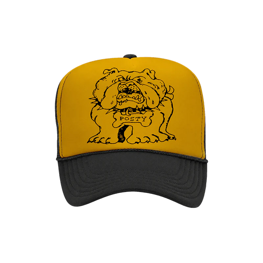 Yellow and black Post Malone trucker hat with bulldog graphic and vintage tour-inspired streetwear design