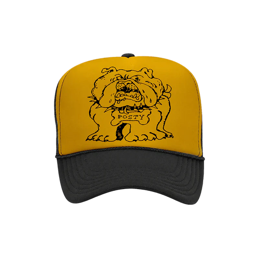 Yellow and black Post Malone trucker hat with bulldog graphic and vintage tour-inspired streetwear design