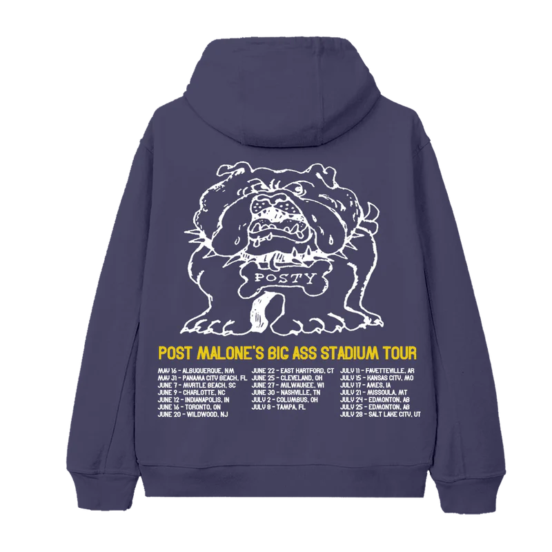 Back view of purple Post Malone merch hoodie with bulldog artwork and Big Ass Stadium Tour city dates print