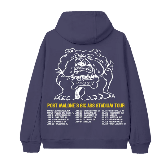 Back view of purple Post Malone merch hoodie with bulldog artwork and Big Ass Stadium Tour city dates print