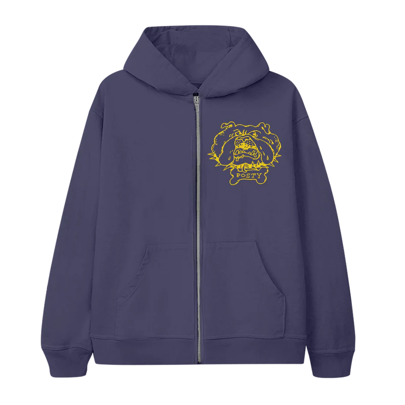 Purple Post Malone zip hoodie front with small bulldog chest graphic and heavyweight streetwear merch design