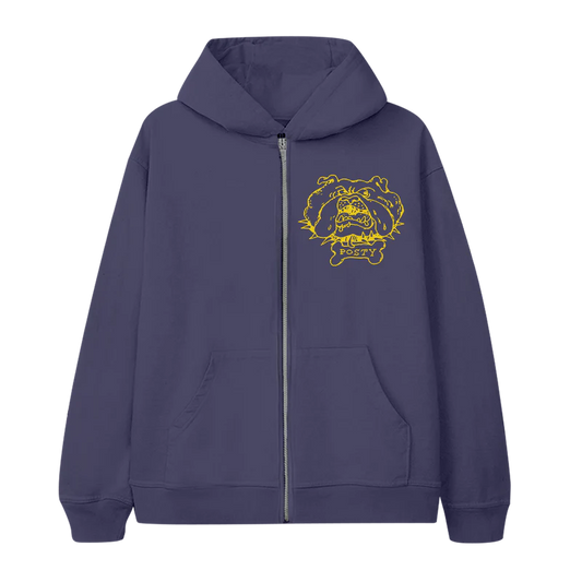 Purple Post Malone zip hoodie front with small bulldog chest graphic and heavyweight streetwear merch design