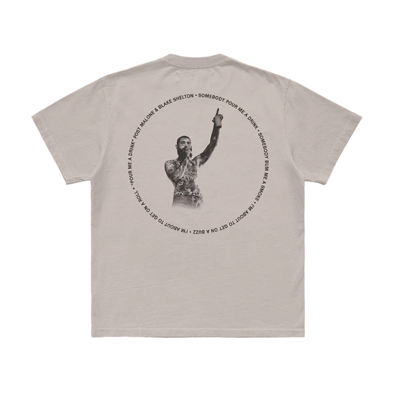 Back view of Post Malone Pour Me A Drink t-shirt with live performance photo and circular Blake Shelton collaboration graphic print