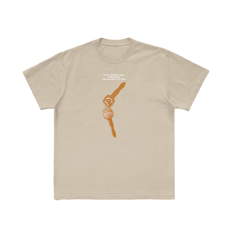 Front view of beige Post Malone Sand Keys graphic t-shirt featuring Austin key artwork and If Y’all Weren’t Here I’d Be Crying tour text