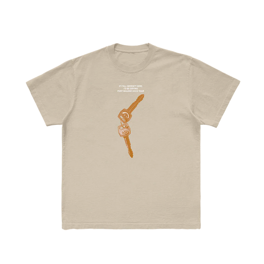 Front view of beige Post Malone Sand Keys graphic t-shirt featuring Austin key artwork and If Y’all Weren’t Here I’d Be Crying tour text