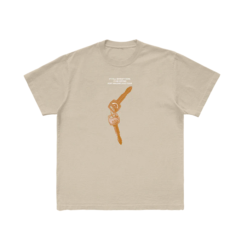Front view of beige Post Malone Sand Keys graphic t-shirt featuring Austin key artwork and If Y’all Weren’t Here I’d Be Crying tour text
