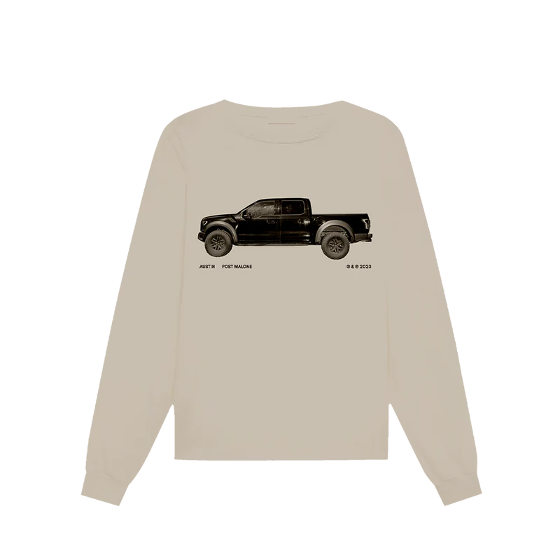 Front view of sand-colored Post Malone truck long sleeve tee featuring black pickup truck graphic and Austin album-inspired minimalist design
