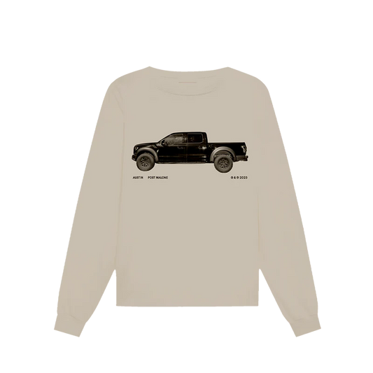 Front view of sand-colored Post Malone truck long sleeve tee featuring black pickup truck graphic and Austin album-inspired minimalist design