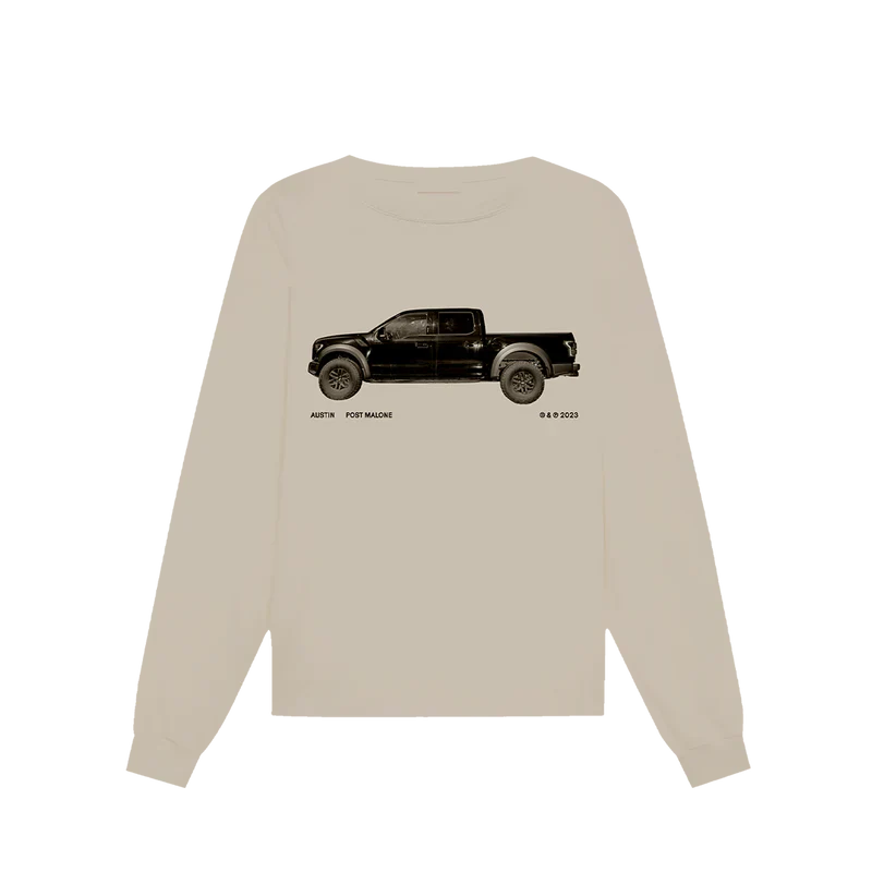 Front view of sand-colored Post Malone truck long sleeve tee featuring black pickup truck graphic and Austin album-inspired minimalist design