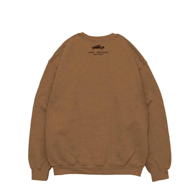 Back view of brown Post Malone Austin crewneck with subtle logo detail and relaxed heavyweight streetwear fit