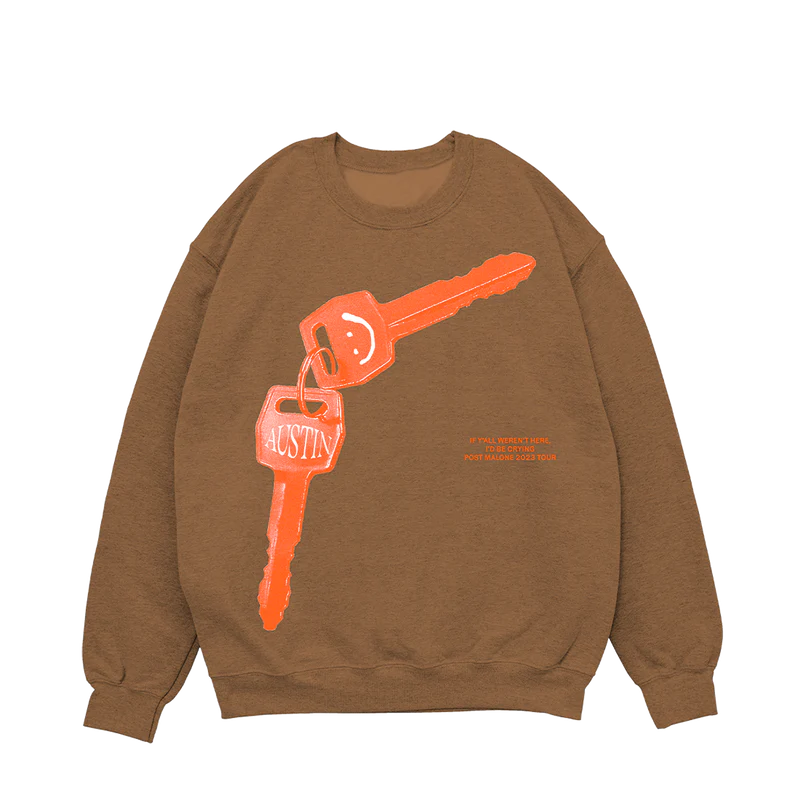 Brown Post Malone crewneck with oversized Austin key graphic and vintage-inspired minimalist streetwear design