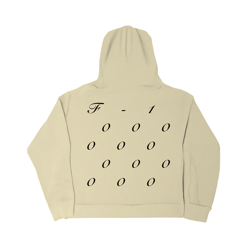 Back view of beige Post Malone F-1 Trillion hoodie with minimalist western typography graphic design