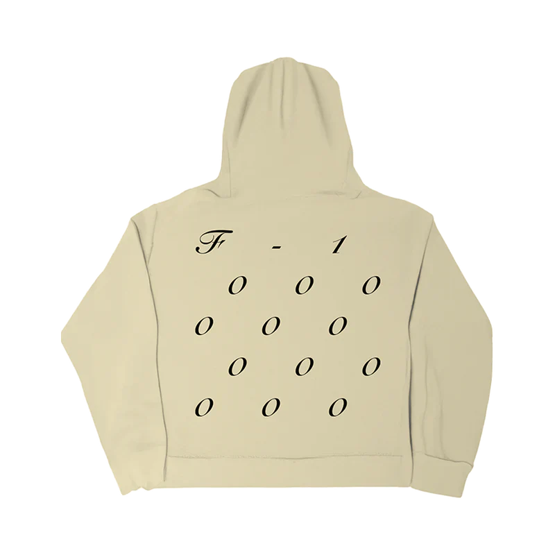 Back view of beige Post Malone F-1 Trillion hoodie with minimalist western typography graphic design