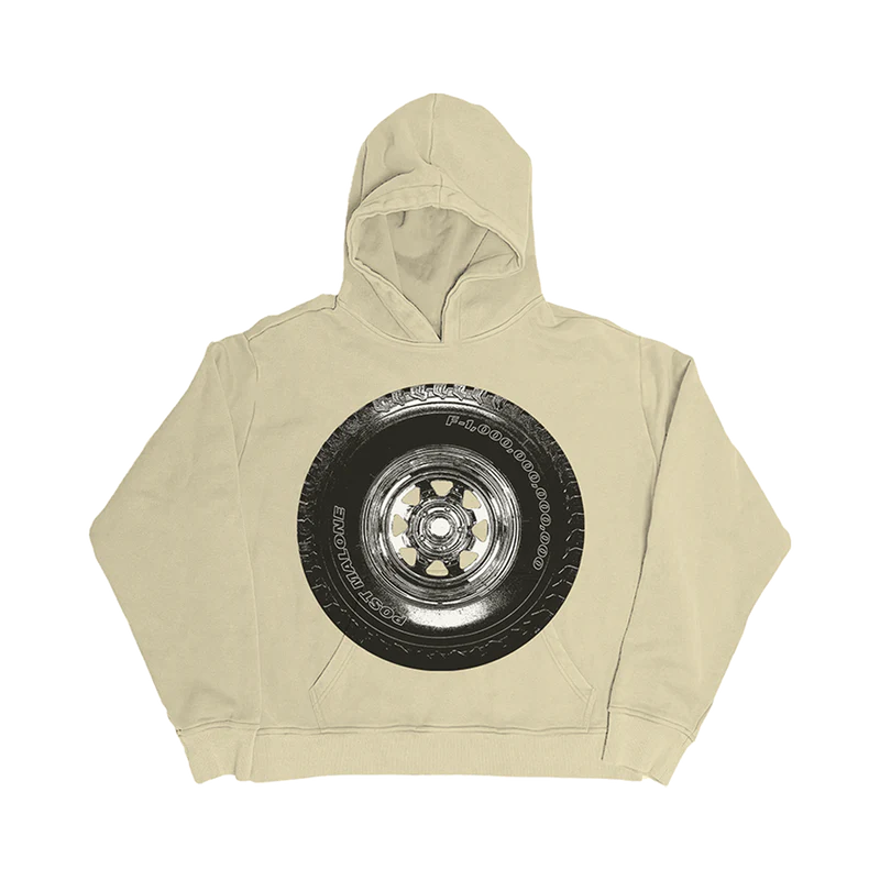 Front view of cream Post Malone hoodie featuring oversized tire graphic inspired by F-1 Trillion streetwear aesthetic