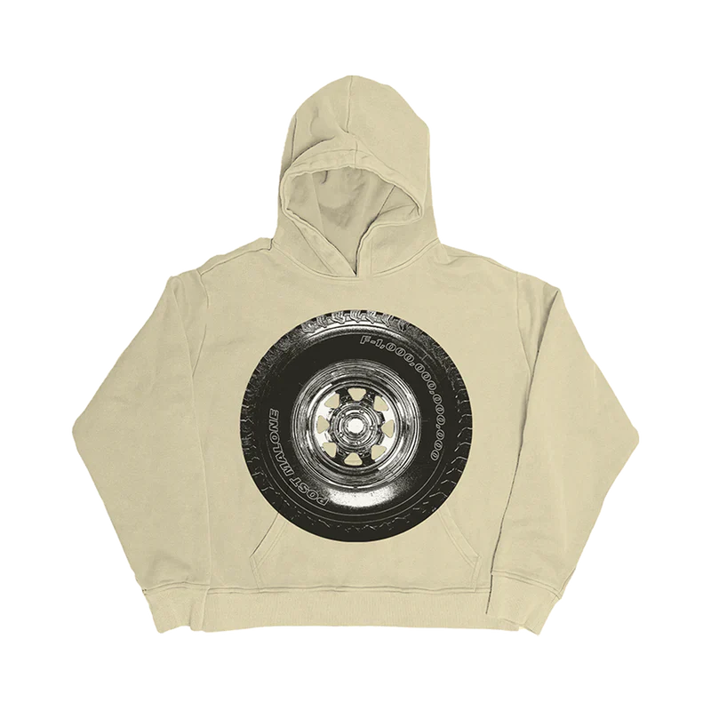 Front view of cream Post Malone hoodie featuring oversized tire graphic inspired by F-1 Trillion streetwear aesthetic