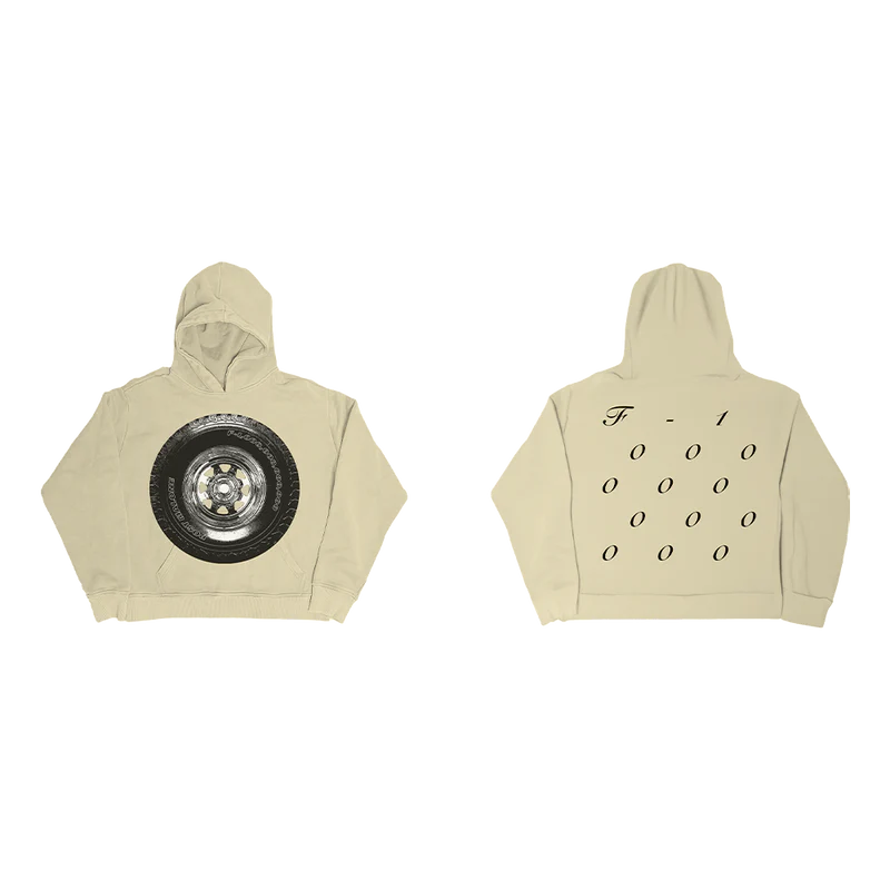 Staggered front and back view of beige Post Malone Tire Graphic Streetwear Hoodie with F-1 Trillion inspired graphics