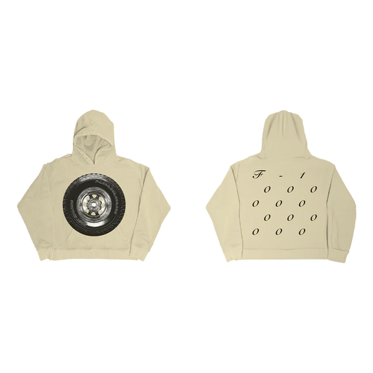 Staggered front and back view of beige Post Malone Tire Graphic Streetwear Hoodie with F-1 Trillion inspired graphics