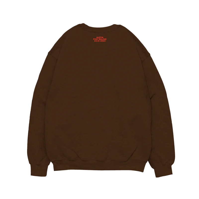 Back view of brown Post Malone Austin crewneck with minimalist orange album branding and oversized relaxed streetwear fit