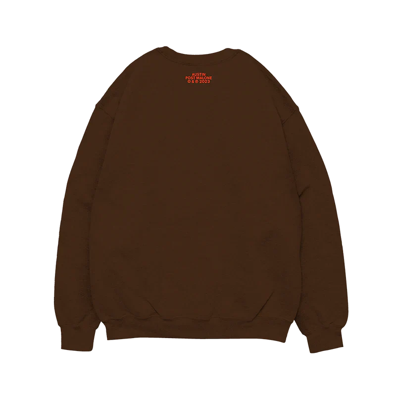 Back view of brown Post Malone Austin crewneck with minimalist orange album branding and oversized relaxed streetwear fit