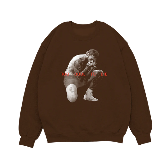 Front view of brown Post Malone Too Cool To Die crewneck featuring monochrome performance photo and bold red streetwear text graphic