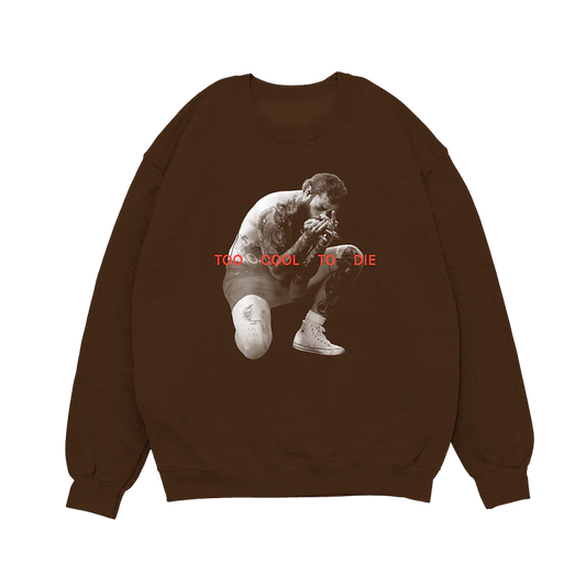 Front view of brown Post Malone Too Cool To Die crewneck featuring monochrome performance photo and bold red streetwear text graphic