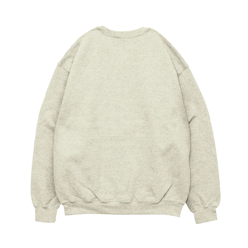 Back view of oatmeal Post Malone Austin crewneck with clean minimalist heavyweight streetwear finish