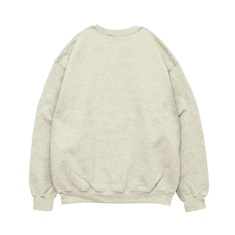 Back view of oatmeal Post Malone Austin crewneck with clean minimalist heavyweight streetwear finish