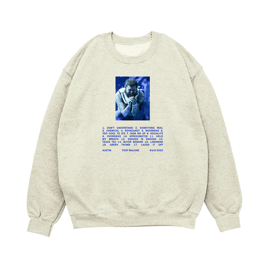 Oatmeal Post Malone crewneck with Austin album tracklist graphic and blue live performance photo streetwear design