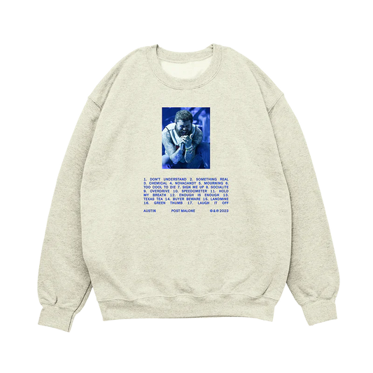Oatmeal Post Malone crewneck with Austin album tracklist graphic and blue live performance photo streetwear design