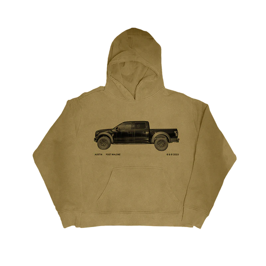 Front view of tan Post Malone Truck Graphic streetwear hoodie featuring black pickup truck artwork and minimalist Austin album-inspired design