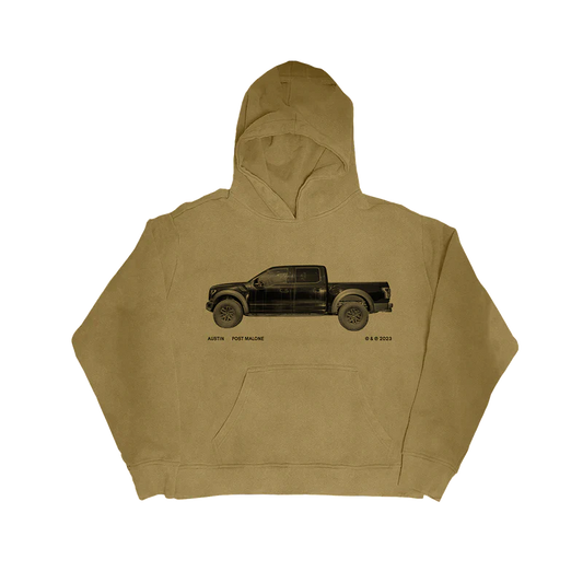 Front view of tan Post Malone Truck Graphic streetwear hoodie featuring black pickup truck artwork and minimalist Austin album-inspired design