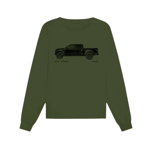 Olive green Post Malone long sleeve tee with black truck graphic and minimalist Austin era streetwear design