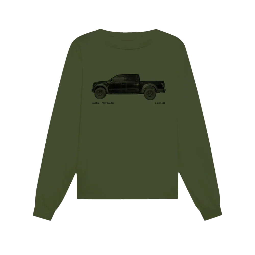 Olive green Post Malone long sleeve tee with black truck graphic and minimalist Austin era streetwear design