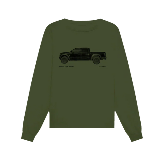 Olive green Post Malone long sleeve tee with black truck graphic and minimalist Austin era streetwear design