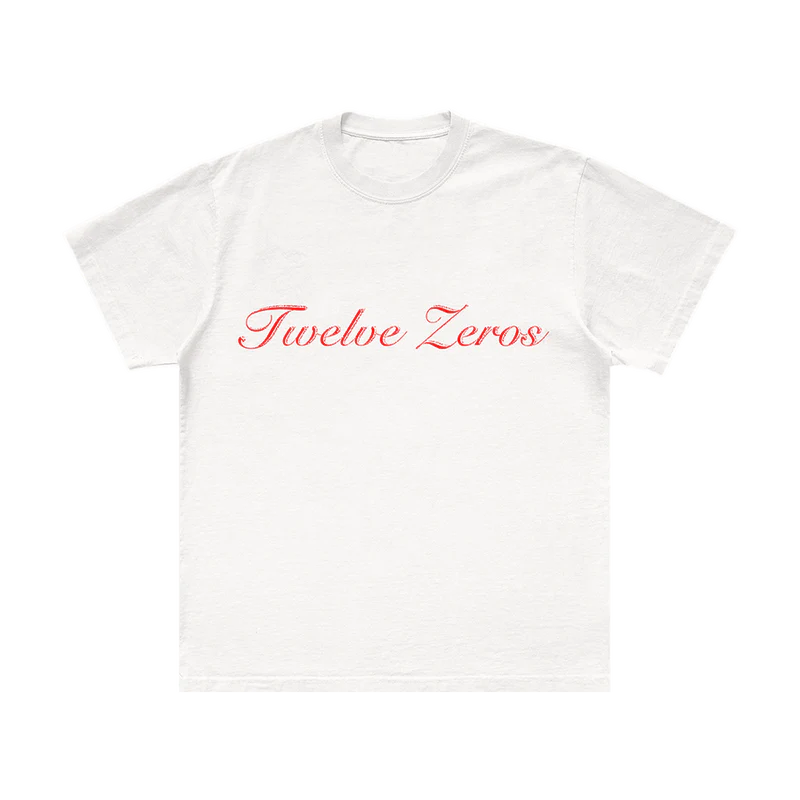 Back view of white Post Malone Twelve Zeros tee with red numeric graphic layout and minimalist merch aesthetic