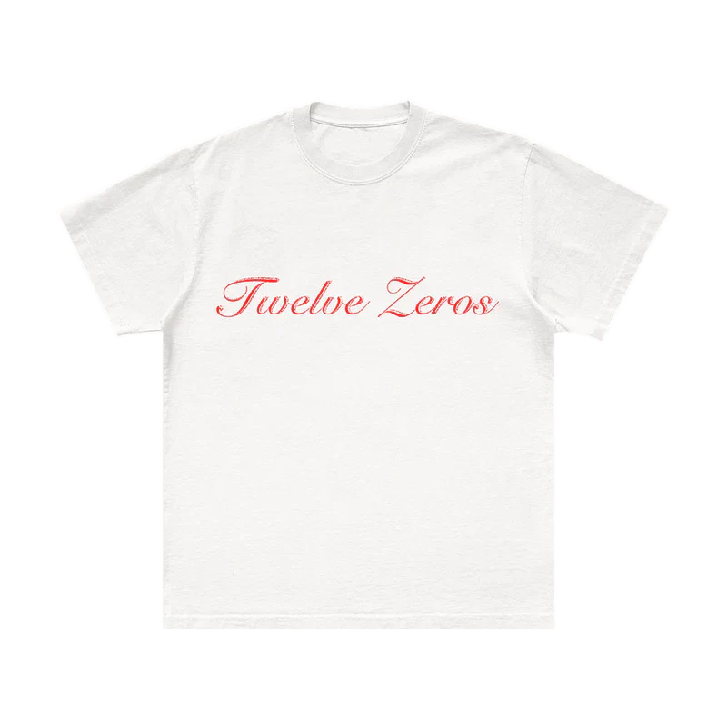 Back view of white Post Malone Twelve Zeros tee with red numeric graphic layout and minimalist merch aesthetic