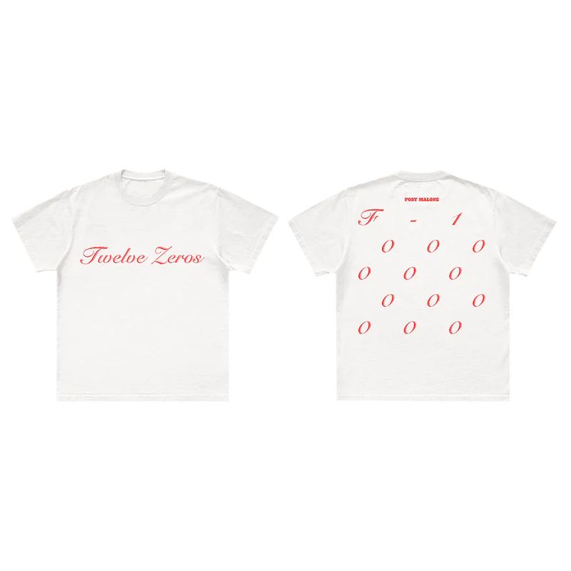White Post Malone graphic tee with Twelve Zeros script logo and minimalist red typography streetwear design