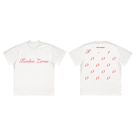 White Post Malone graphic tee with Twelve Zeros script logo and minimalist red typography streetwear design