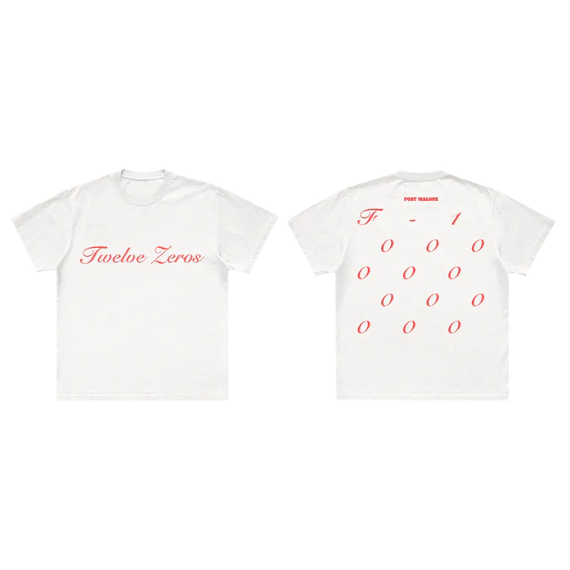 White Post Malone graphic tee with Twelve Zeros script logo and minimalist red typography streetwear design