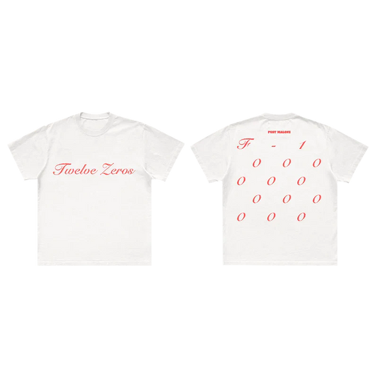White Post Malone graphic tee with Twelve Zeros script logo and minimalist red typography streetwear design