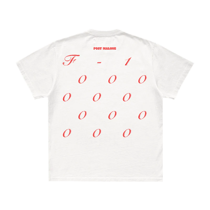 Front view of white Post Malone merch shirt with elegant Twelve Zeros red script graphic and clean streetwear look