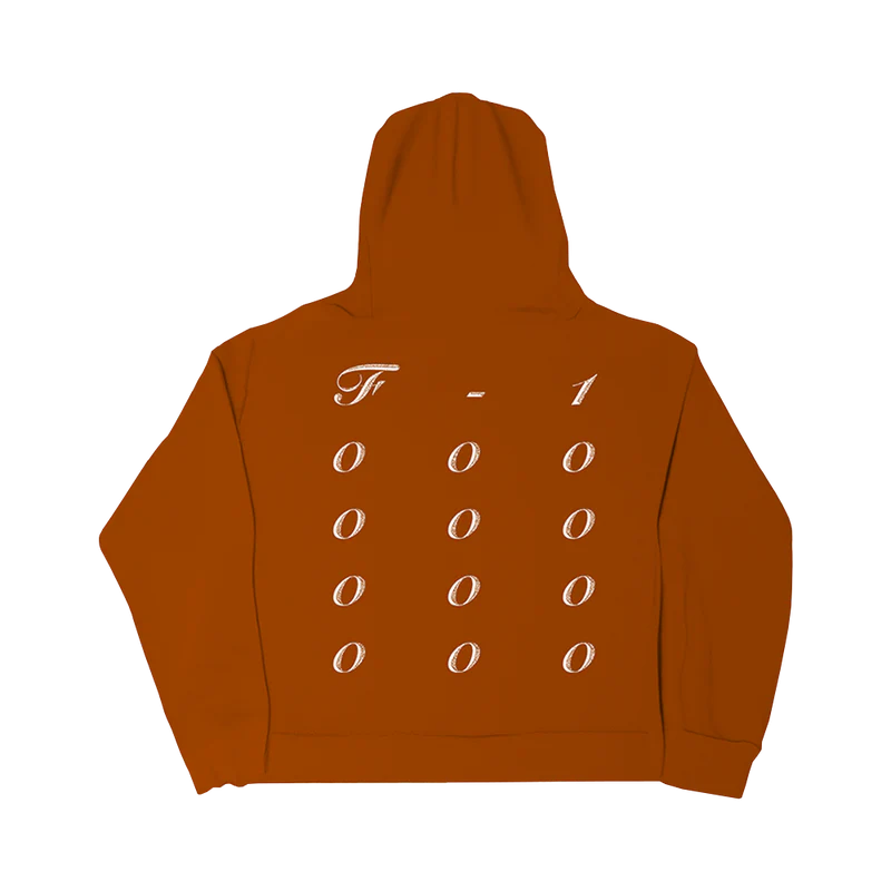 Back view of orange Post Malone merch hoodie with Twelve Zeros numeric layout and minimalist luxury streetwear aesthetic