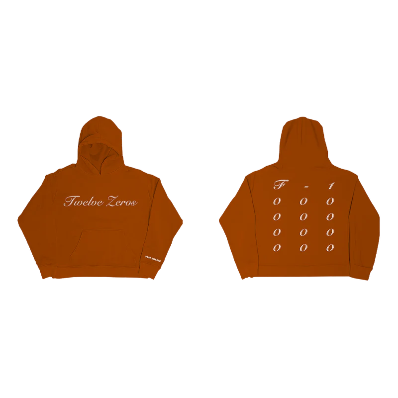 Orange Post Malone streetwear hoodie with Twelve Zeros script logo and minimalist numeric back graphic design