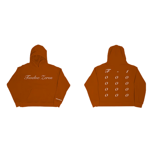 Orange Post Malone streetwear hoodie with Twelve Zeros script logo and minimalist numeric back graphic design